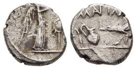 MARK ANTONY. Quinarius (43 BC). Military mint traveling with Antony and Lepidus in Transalpine Gaul.

Obv: M ANT IMP.
Lituus, ewer and raven standing ...