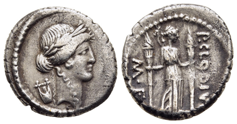 P. CLODIUS M.F. TURRINUS. Denarius (42 BC). Rome.

Obv: Laureate head of Apollo ...
