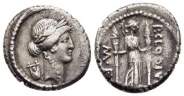 P. CLODIUS M.F. TURRINUS. Denarius (42 BC). Rome.

Obv: Laureate head of Apollo right; lyre to left.
Rev: P CLODIVS / M F.
Diana standing right, holdi...
