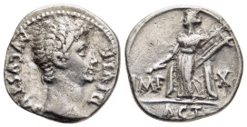 AUGUSTUS (27 BC-14 AD). Denarius. Lugdunum. Commemorating the Battle of Actium.

Obv: AVGVSTVS DIVI F.
Bare head right.
Rev: IMP - X / ACT.
Apollo Cit...