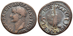 TIBERIUS (14-37). As. Rome.

Obv: TI CAESAR DIVI AVG F AVGVST IMP VIII.
Laureate head left.
Rev: PONTIF MAX TR / POT XXXIIX / S-C.
Rudder and smal glo...