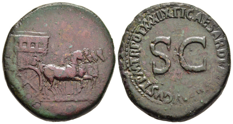TIBERIUS (14-37). Sestertius. Rome.

Obv: Empty horse-drawn quadriga to right, d...