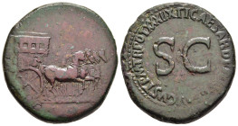 TIBERIUS (14-37). Sestertius. Rome.

Obv: Empty horse-drawn quadriga to right, decorated, on its sides, with Victory hurrying right with captive at he...