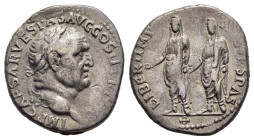 VESPASIAN with TITUS and DOMITIAN (69-79). Denarius. Ephesus.

Obv: IMP CAESAR VESPAS AVG COS II TR P P P.
Laureate head right.
Rev: LIBERI IMP AVG VE...