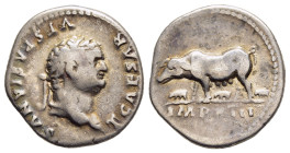 TITUS (Caesar, 69-79). Denarius. Rome.

Obv: T CAESAR VESPASIANVS.
Laureate head right.
Rev: IMP XIII.
Sow standing left, with three piglets standing ...