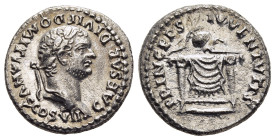 DOMITIAN (Caesar, 69-81). Denarius. Rome.

Obv: CAESAR DIVI F DOMITIANVS COS VII.
Laureate head right.
Rev: PRINCEPS IVVENTVTIS.
Crested Corinthian he...