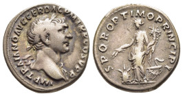 TRAJAN (98-117). Denarius. Rome.

Obv: IMP TRAIANO AVG GER DAC P M TR P COS V P P.
Laureate bust right, slight drapery on far shoulder.
Rev: S P Q R O...