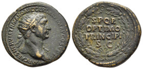 TRAJAN (98-117). Dupondius. Rome. 

Obv: IMP CAES NERVAE TRAIANO AVG GER DAC P M TR P COS V P P.
Radiate head of Trajan to right, with slight drapery ...