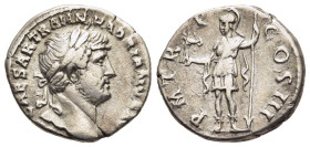 HADRIAN (117-138). Denarius. Rome.

Obv: IMP CAESAR TRAIAN HADRIANVS AVG.
Laureate head right.
Rev: P M TR P COS III.
Roma standing left with helmet, ...
