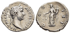HADRIAN (117-138). Denarius. Rome.

Obv: HADRIANVS AVGVSTVS P P.
Laureate head of Hadrian to right. 
Rev: COS III.
Aequitas-Moneta standing front, hea...