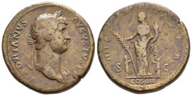 HADRIAN (117-138). Sestertius. Rome.

Obv: HADRIANVS AVGVSTVS P P.
Laureate bust right, with slight drapery.
Rev: HILARITAS PR / COS III / S - C.
Hila...