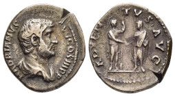 HADRIAN (117-138). Denarius. Rome.

Obv: HADRIANVS AVG COS III P P.
Bare-headed and draped bust right.
Rev: ADVENTVS AVG.
Hadrian standing left, holdi...
