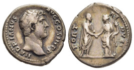 HADRIAN (117-138). Denarius. Rome.

Obv: HADRIANVS AVG COS III P P.
Bare head right.
Rev: FORTVNAE REDVCI.
Hadrian, holding roll, and Fortuna, holding...