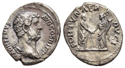 HADRIAN (117-138). Denarius. Rome.

Obv: HADRIANVS AVG COS III P P.
Bare headed and draped bust right.
Rev: FORTVNAE REDVCI.
Hadrian standing right, h...