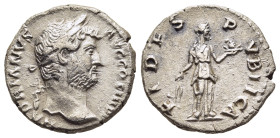 HADRIAN (117-138). Denarius. Rome.

Obv: HADRIANVS AVG COS III P P.
Laureate bust right, with slight drapery.
Rev: FIDES PVBLICA.
Fides standing right...