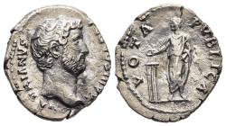 HADRIAN (117-138). Denarius. Rome.

Obv: HADRIANVS AVG COS III P P.
Bare head right.
Rev: VOTA PVBLICA.
Hadrian standing left, sacrificing with patera...