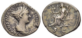 SABINA (Augusta, 128-136/7). Denarius. Rome.

Obv: SABINA AVGVSTA HADRIANI AVG P P.
Draped bust right.
Rev: S C.
Vesta seated left on throne, holding ...