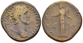 ANTONINUS PIUS (138-161). Sestertius. Rome.

Obv: ANTONINVS AVG PIVS P P TR P COS III.
Laureate head right.
Rev: MONETA AVG / S - C.
Moneta standing l...
