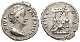 DIVA FAUSTINA I (Died 140/1). Denarius. Rome. Struck under Antoninus Pius.

Obv: DIVA FAVSTINA.
Draped bust right.
Rev: AETERNITAS.
Draped throne agai...