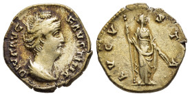 DIVA FAUSTINA I (Died 140/1). Denarius. Rome.

Obv: DIVA FAVSTINA.
Draped bust right.
Rev: AVGVSTA.
Ceres, veiled, standing facing, head right, holdin...