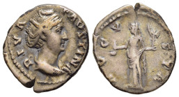 DIVA FAUSTINA I (Died 140/1). Denarius. Rome.

Obv: DIVA FAVSTINA.
Draped bust right.
Rev: AVGVSTA.
Vesta standing left, holding simpulum and palladiu...