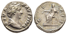 DIVA FAUSTINA I (Died 140/1). Denarius. Rome.

Obv: DIVA FAVSTINA.
Draped bust to right.
Rev: CERES. 
Ceres seated to left, holding torch and grain-ea...