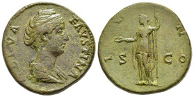 DIVA FAUSTINA I (Died 140/1). Sestertius. Rome.

Obv: DIVA FAVSTINA.
Draped bust right.
Rev: IVNO / S - C.
Juno standing left, holding patera and scep...