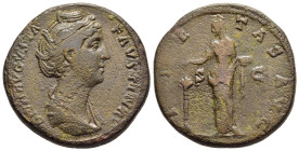 DIVA FAUSTINA I (Died 140/1). Sestertius. Rome.

Obv: DIVA AVGVSTA FAVSTINA.
Diademed and draped bust right.
Rev: PIETAS AVG / S - C.
Pietas standing ...