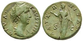DIVA FAUSTINA I (Died 140/1). As. Rome.

Obv: DIVA FAVSTINA.
Draped bust right.
Rev: AETERNITAS / S - C.
Aeternitas standing left, holding phoenix on ...