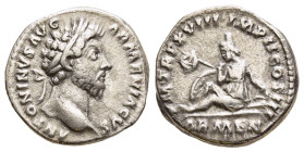 MARCUS AURELIUS (161-180). Denarius. Rome.

Obv: ANTONINVS AVG ARMENIACVS.
Laureate head right.
Rev: P M TR P XVIII IMP II COS III / ARMEN.
Armenia se...