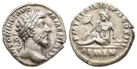 MARCUS AURELIUS (161-180). Denarius. Rome.

Obv: ANTONINVS AVG ARMENIACVS.
Laureate head right.
Rev: P M TR P XIX IMP II COS III / ARMEN.
Armenia seat...