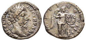 MARCUS AURELIUS (161-180). Denarius. Rome.

Obv: M ANTONINVS AVG TR P XXV.
Laureate head right.
Rev: IMP VI COS III.
Victory, winged, naked to waist, ...