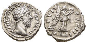 MARCUS AURELIUS (161-180). Denarius. Rome.

Obv: M ANTONINVS AVG TR P XXVII.
Laureate head right.
Rev: IMP VI COS III.
Victory advancing right, holdin...