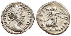 MARCUS AURELIUS (161-180). Denarius. Rome.

Obv: M ANTONINVS AVG TR P XXVIII.
Laureate, draped and cuirassed bust right.
Rev: IMP VI COS III.
Victory ...