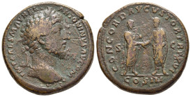 MARCUS AURELIUS (161-180). Sestertius. Rome.

Obv: IMP CAES M AVREL ANTONINVS AVG P M.
Laureate head right.
Rev: CONCORD AVGVSTOR TR P XVI / S - C / C...