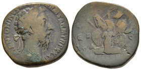 MARCUS AURELIUS (161-180). Sestertius. Rome.

Obv: M ANTONINVS AVG GERM SARM TR P XXXI.
Laureate head right.
Rev: IMP VIII COS III / S - C / DE GERMAN...