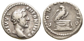 DIVUS ANTONINUS PIUS (Died 161). Denarius. Rome. Struck under Marcus Aurelius.

Obv: DIVVS ANTONINVS.
Bare head right.
Rev: CONSECRATIO.
Eagle, with h...