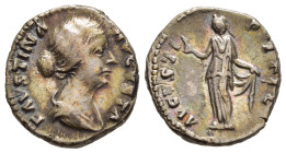 FAUSTINA II (Augusta, 147-176). Denarius. Rome.

Obv: FAVSTINA AVGVSTA.
Draped bust right.
Rev: AVGVSTI P II FIL.
Spes standing facing, head left, hol...