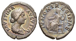 FAUSTINA II (Augusta, 147-176). Denarius. Rome.

Obv: FAVSTINA AVGVSTA.
Diademed and draped bust right.
Rev: IVNONI REGINAE.
Juno seated left, holding...