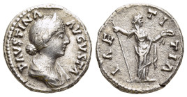 FAUSTINA II (Augusta, 147-175). Denarius. Rome.

Obv: FAVSTINA AVGVSTA.
Diademed and draped bust right.
Rev: LAETITIA.
Laetitia standing right, holdin...