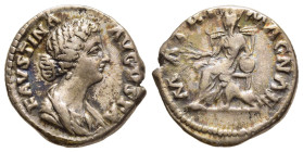 FAUSTINA II (Augusta, 147-176). Denarius. Rome.

Obv: FAVSTINA AVGVSTA.
Draped bust right.
Rev: MATRI MAGNAE.
Cybele seated left, holding branch and r...