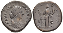 FAUSTINA II (Augusta, 147-176 ). Sestertius. Rome.

Obv: FAVSTINA AVGVSTA.
Draped bust right.
Rev: HILARITAS / S - C.
Hilaritas standing left with cor...