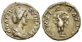 DIVA FAUSTINA II (Died 175/6). Denarius. Rome.

Obv: DIVA FAVSTINA PIA.
Draped bust right.
Rev: CONSECRATIO.
Peacock standing facing, head right.

RIC...