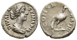 DIVA FAUSTINA II (Died 175/6). Denarius. Rome.

Obv: DIVA FAVSTINA PIA.
Draped bust right.
Rev: CONSECRATIO.
Peacock advancing right, head left.

RIC ...