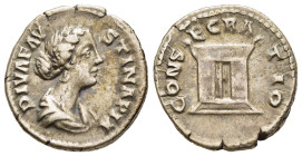 DIVA FAUSTINA II (Died 175/6). Denarius.Rome.

Obv: DIVA FAVSTINA PIA.
Draped bust right.
Rev: CONSECRATIO.
Altar.

RIC 746 (Aurelius).

Condition: Ve...