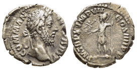 COMMODUS (177-192). Denarius. Rome.

Obv: COMM ANT AVG P BRIT. 
Laureate head right. 
Rev: P M TR P X IMP VII COS IIII P P. 
Roma standing left, holdi...