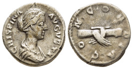 CRISPINA (Augusta, 178-182). Denarius. Rome.

Obv: CRISPINA AVGVSTA.
Draped bust right.
Rev: CONCORDIA.
Clasped hands.

RIC 279B (Commodus).

Conditio...