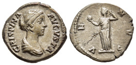 CRISPINA (Augusta, 178-182). Denarius. Rome.

Obv: CRISPINA AVGVSTA.
Draped bust right.
Rev: VENVS.
Venus standing left, holding apple and lifting dra...