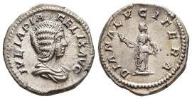 JULIA DOMNA (Augusta, 193-217). Denarius. Rome.

Obv: IVLIA PIA FELIX AVG.
Draped bust right.
Rev: DIANA LVCIFERA.
Diana standing facing, head left, h...