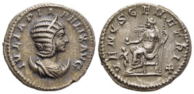 JULIA DOMNA (Augusta, 193-217). Antoninianus. Rome.

Obv: IVLIA PIA PELIX AVG.
Draped bust right, wearing stephane and set upon crescent.
Rev: VENVS G...
